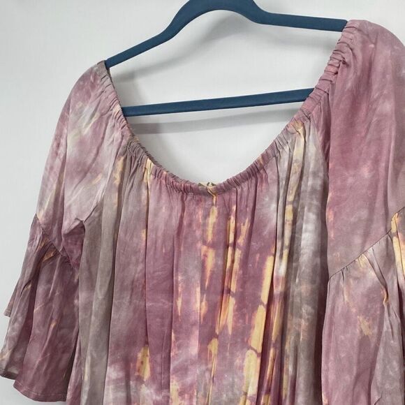 Hem & Thread Tie Dye‎ Bell Sleeve Swing Top Off Shoulder Mauve Pink M New - Picture 8 of 10